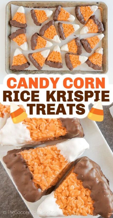 Rice Crispy Candy Corn, Rice Krispie Treats Candy Corn, Rice Krispie Candy Corn, Rice Crispy Fall Treats, Candy Corn Rice Crispy Treats, Thanksgiving Rice Krispy Treats, Rice Krispie Treats Fall Theme, Thanksgiving Rice Krispie Treats Ideas, Orange Rice Krispie Treats