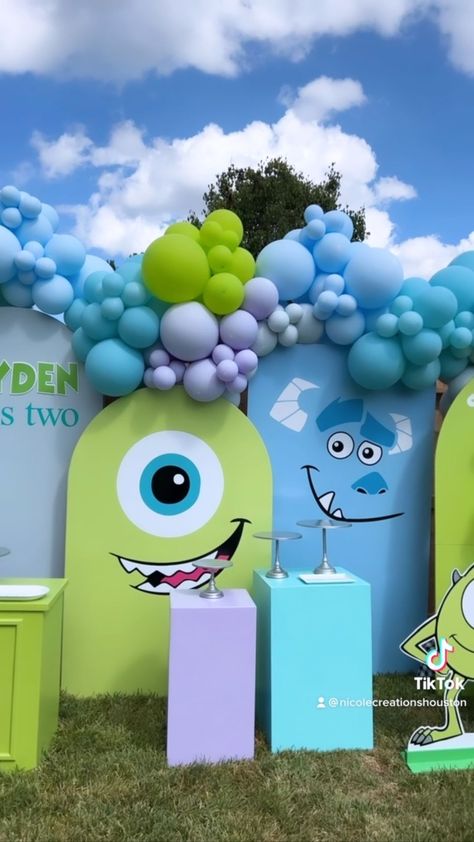 Monsters Inc Backdrop Party Ideas, Monster Inc Balloon Decor, Two Scary Birthday Party Monsters Inc, Monster Inc Backdrop, Monsters Inc Favors, Monsters Inc Birthday Backdrop, Monsters Inc Balloon Arch, Monsters Inc Birthday Decorations, Monsters Inc Themed Birthday Party