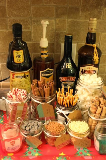 Hot Chocolate Bar Adult version! Perfect for those cold November and December games! Crockpot Hot Cocoa, Fest Mad, Bar A Bonbon, Christmas Party Ideas, Hot Chocolate Bar, Festa Harry Potter, Christmas Sweater Party, Hot Cocoa Bar, Hot Chocolate Bars