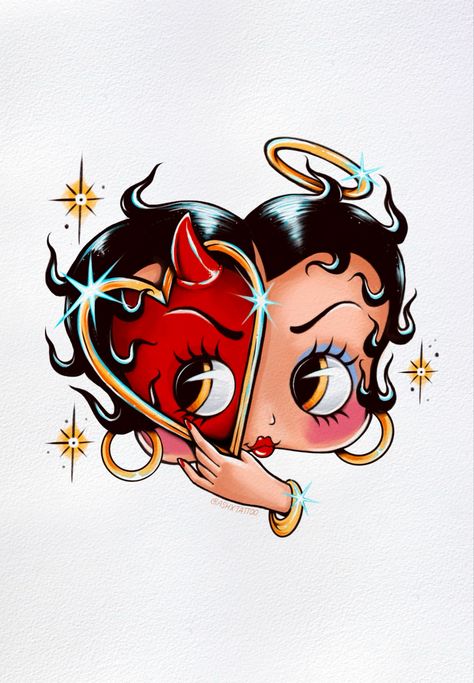 Betty boop devil heart illustration by tattoo artist Ashlie Franks Betty Boop Room Ideas, Diva Tattoo Ideas, Betty Boop Aesthetic Icons, Tattoo Ideas Betty Boop, Betty Boop Scorpio, Artist Inspired Tattoos, Black Betty Boop Tattoo, Goth Betty Boop, Betty Boop Sketch