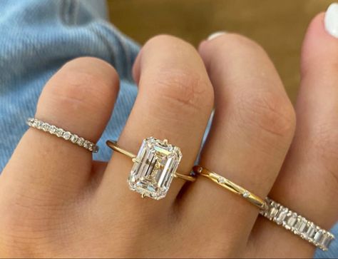 Compass prong on an emerald stone Round Emerald Cut Engagement Ring, Rounded Emerald Cut Engagement Ring, Compass Prong Engagement Ring, Classic Rings Engagement, Emerald Engagement Ring Gold Band, Dream Wedding Ring, Prong Engagement Rings, Cute Engagement Rings, Future Engagement Rings