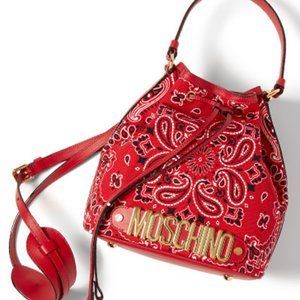 Moschino | Bags | Moschino Rare Bandana Drawstring Crossbody Bucket Bag | Poshmark Bandana Purse, Canvas Bucket Bag, Falabella Bag, Moschino Bag, Moschino Bags, Drawstring Purse, Red Bandana, Leather Flowers, Leather Gifts