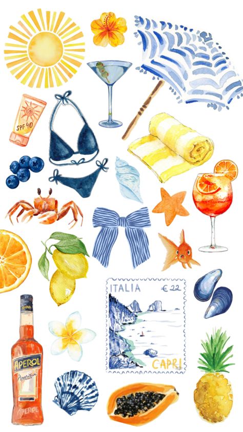 Summer vibes. Summer inspo. Wallpaper. Yellow. Blue. Orange. Aperol. Italia. Italy. Pineapple. Bikini. Towel. Lemon. Orange. Papaya. Flower. Seashells. Goldfish. Crab. Starfish. Martini. SPF. Papaya Flower, Inspo Collage, Inspo Wallpaper, Zine Design, Scrapbook Printing, Collage Scrapbook, Diy Journal Books, Summer Scrapbook, Different Art Styles