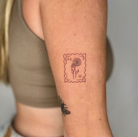 Forever Stamp Tattoo, Post Stamp Tattoo Small, Ga Peach Tattoo, Tattoos In Frames, Picture Frame Tattoo Ideas, Square Tattoo Placement, Postcard Tattoo Ideas, Inside Upper Arm Tattoos For Women, Rectangular Tattoo Ideas