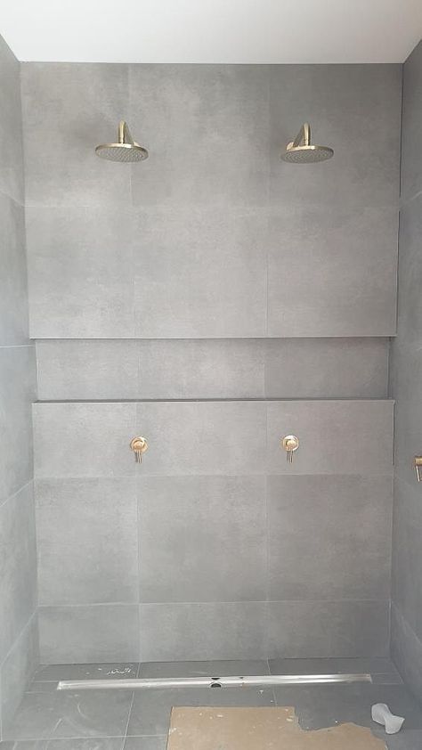 Grey Tile Gold Fixtures, Tile Niche, Modern Lights, Gold Fixtures, Shower Niche, Grey Tiles, Guest Bathroom, Shower Tile, Light Beige