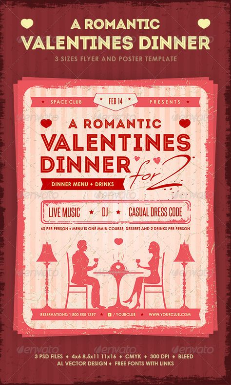 Romantic Valentine’s Dinner is a set of promotional items best suited for a restaurant or cafe dinner party. The items have a retro look and feel to help your business stand out in the crowd. February Food, Cafe Dinner, Valentine's Dinner, Valentines Dinner, Day Template, Valentine's Day Poster, Valentine Poster, Restaurant Poster, Valentines Day Poster