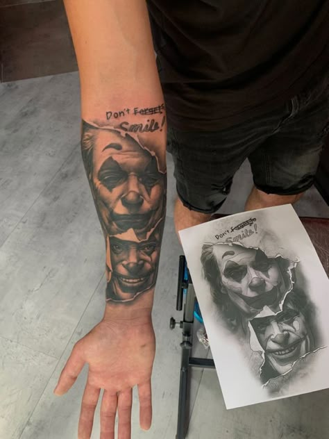 Joker Ideas Tattoo, Joker Forearm Tattoo Design, Cute Joker Tattoo, Joker Smile Hand Tattoo For Women, Dont Forget To Smile Joker Tattoo, Don't Forget Tattoo, Joker Sleeve Tattoo Ideas, Joker Tattoo Men, Joker Tattoo For Men