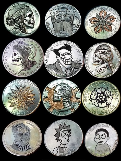 Some hobo nickels I carved. #overwatch #joker #groot #rickandmorty Floor Jacks, Hobo Nickel, Custom Coins, Roof Racks, Old Coins, Vintage Crafts, Hand Engraving, Overwatch, Jay