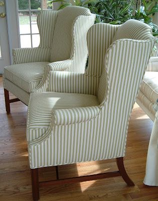 Striped Wingback Chair, Striped Chairs In Living Room, Ticking Stripe Chair, Plaid Couch, Wingback Chair Living Room, Types Of Chairs, Striped Furniture, Diy Furniture Upholstery, Wingback Accent Chair