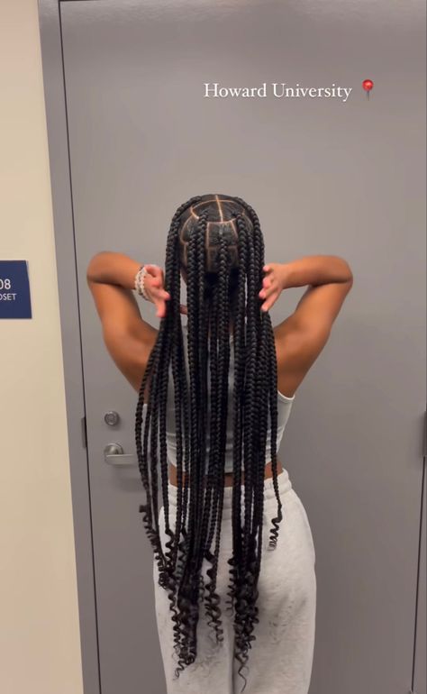 Large Plaits Braids, Big Knotless Box Braids With Curls At The End, Large Knotless Box Braids With Curly Pieces, 48 Inch Knotless Braids, Xl Large Knotless Box Braids, Large Knotted Box Braids, Huge Knotless Box Braids, 12 Box Braids Hairstyles, Knotless Large Braids With Curls