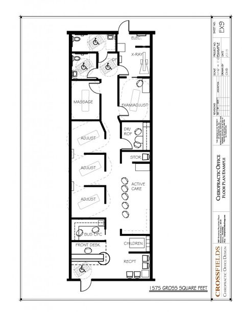 semi open adjusting, flow (x-ray and bathroom in back), consult/office, exam door to x-ray. ? pocket / barn doors? 1575 gross sq ft Physio Clinic, Chiro Office, Chiropractic Office Design, Barn Homes Floor Plans, Office Floor Plan, Chiropractic Clinic, Kitchen Layout Plans, Small Kitchen Layouts, Office Plan