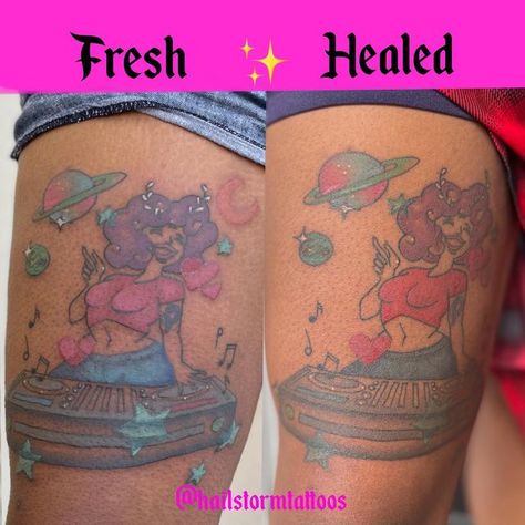 Black Women Color Tattoos, Color Tattoos Black Women, Healed Color Tattoos On Dark Skin, Healed Color Tattoo, Colored Tattoos On Dark Skin, Dark Skin Tattoos Women, Colored Tattoos On Brown Skin, Color Tattoos On Dark Skin, Angel Tattoo Arm