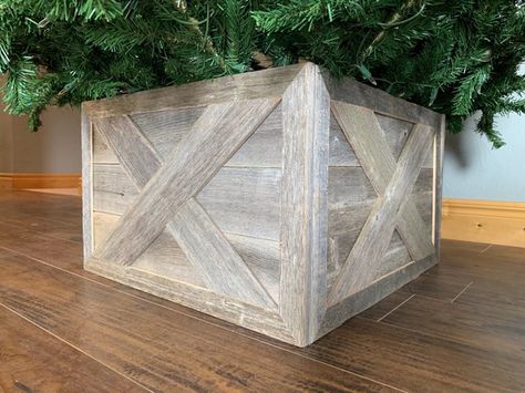 The Best, Most Beautiful Christmas Tree Base Is... — DESIGNED Gray Christmas Tree, Grey Christmas Tree, Christmas Tree Collar, Christmas Tree Box, Brown Tree, Tree Box, Tree Collar, Grey Christmas, Farmhouse Style Decor