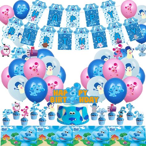 PRICES MAY VARY. 【Package Including】1 piece of happy birthday banner, 1 tablecloth, 6 pieces of hanging swirl, 15 balloons, 1 cake topper and 24 small cupcake toppers to make the party an unforgettable moment for your family and friends. 【Cute Design】This blues clues party kit is composed of the characters blues cles and his friends. The overall design is very suitable for the blues clues party atmosphere. They can make your room and the party shinging and leave unforgettable memories for your g Blues Clues Party Supplies, Blue's Clues Birthday Party, Clue Party, Blue Birthday Parties, Blue Birthday, Birthday Supplies, Party Kit, Happy Birthday Banners, Kits For Kids