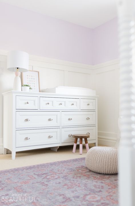 Board and Batten Wainscoting Tutorial | Nick + Alicia Purple Board And Batten Nursery, Best Light Purple Paint Color, Lavender Themed Nursery, Lilac Nursery Ideas, Purple Board And Batten, Light Purple Nursery, Purple Nursery Ideas, Wainscoting Tutorial, Board And Batten Wainscoting