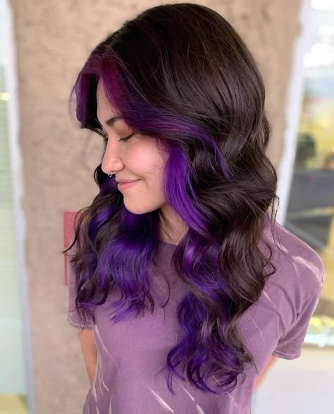 Purple Hair Streaks Brunette, Purple Bangs With Black Hair, Purple Under Brown Hair, Colored Hair Streaks Brunette, Purple Underdye Hair Curly, Purple With Brown Hair, Brown Hair Purple Underneath, Dark Brown Hair With Purple Underneath, Purple Under Hair