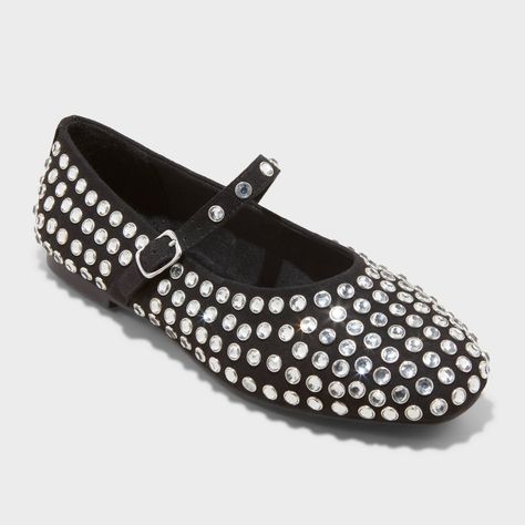 Women's Issa Rhinestone Mary Jane Ballet Flats - A New Day™ Black | Target Stud Shoes, Rhinestone Ballet Flats, Black Ballet Shoes, Mary Jane Ballet Flats, Western Ankle Boots, Black Ballet, Rhinestone Flats, Slingback Flats, Shoes Outfit