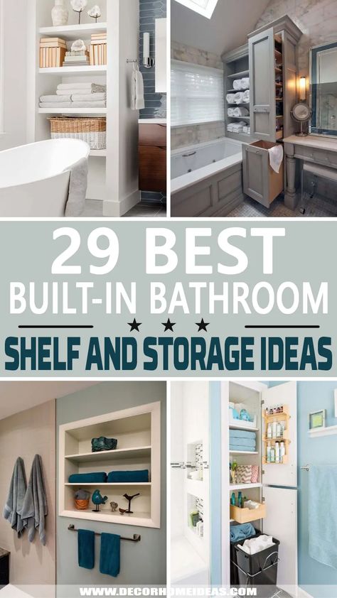 best built-in bathroom shelf and storage ideas Small Bathroom Cabinets, Bathroom Niche, Bathroom Towel Storage, Bathroom Wall Storage, Bathroom Cabinets Designs, Open Bathroom, Bathroom Shelf Decor, Small Space Bathroom, Diy Bathroom Storage