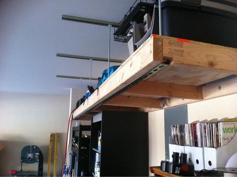 Easy garage loft with unistrut and allthread. - Imgur Garage Hacks, Wooden Creations, Craft Shed, Garage Loft, Barn Interior, Garage Plans, Valentine Photography, Garage Ideas, Soho House