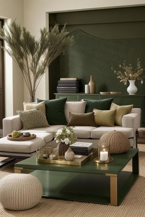 Living With Less Means More Gold Green Brown Living Room, Dark Rug White Couch, Green Brown And Gold Living Room, Green Gold Living Room, Green And Neutral Living Room, Green And Beige Living Room, Living Room Sage Green, Green And Gold Living Room, Moody Lounge