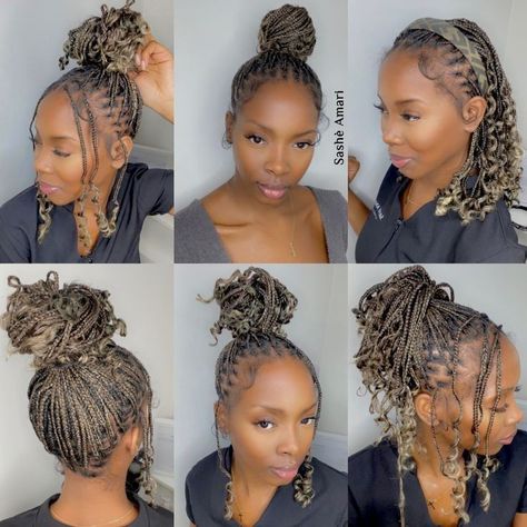 Short Knotless Braid With Curls, Small Cornrows With Box Braids, Small And Short Knotless Braids, Knotless Braids Human Hair Curls, Curly Bob Knotless Braids, Short Box Braids Blonde, Boho Bob Knotless Braids Styles, Short Knotless Box Braids Styles, Different Colour Braids For Black Women