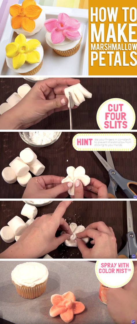 Turn A Marshmallow Into A Flower Shaped Cupcake Topper! Diy Cake Flowers, Stitch Cake Diy, Cake With Marshmallows Decoration, Moana Birthday Cupcakes, Marshmallow Cake Decoration, Marshmallow Decoration Ideas, Stitch Cupcakes Ideas, Flower Marshmallows, Marshmallow Decorations