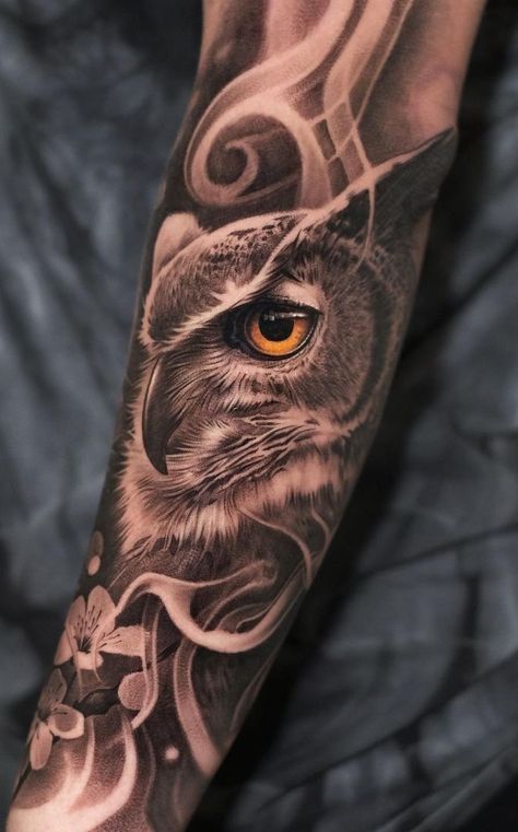 Beautiful Owl Tattoos Owl Forearm Tattoo, Owl Eye Tattoo, Mens Owl Tattoo, Realistic Owl Tattoo, Owl Tattoo Sleeve, Owl Tattoo Drawings, Animal Sleeve Tattoo, Lion Tattoo Sleeves, Realistic Tattoo Sleeve