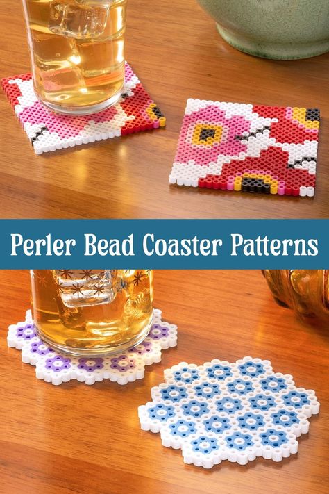 Make perler bead coasters with one of over ten unique patterns! These are easy to make for gifts or decor, and perfect for all ages. Perler Beads Easy Small, Melting Perler Beads In Oven, Things To Make With Melty Beads, Melting Beads Patterns Easy, Perler Bead Valentine Patterns, Peeler Bead Crafts, Things To Do With Perler Beads, Fuze Beads Ideas, Perler Beads Valentines