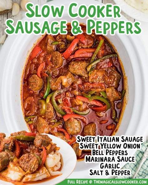 Crockpot Sausage And Peppers And Onions, Crockpot Sausage And Peppers Easy, Sausage Peppers And Onions Crockpot, Gd Meals, Slow Cooker Sausage And Peppers, Sweet Italian Sausage Recipes, Sausage And Peppers Crockpot, Sausage Crockpot Recipes, Sausage And Peppers Sandwich