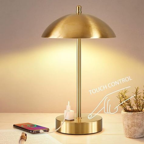 Modern LED Desk Lamp with AC Adapter, 3-Way Dimmable Touch Bedside Reading Lamp, Minimalist Gold Small Nightstand Table Lamp with Mushroom Dome Shade for Bedroom Living Room Office, Bulb Included - Amazon.com Bedside Reading Lamps, Nightstand Table, Lamp Minimalist, Small Nightstand, Nightstand Decor, Creative Lamps, Flickering Lights, Fixture Table, Nightstand Lamp