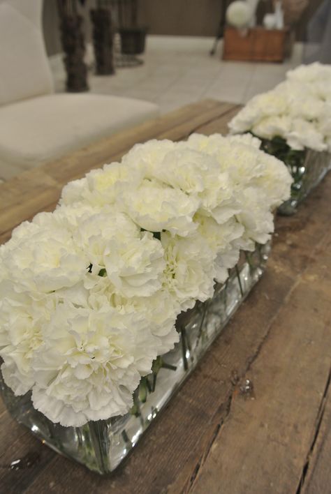 All carnation centerpieces                                                                                                                                                     More                                                                                                                                                                                 More Wedding Carnations Centerpieces, Carnation Table Centerpieces, White Carnations Centerpieces, Carnations Wedding Decorations, White Carnation Wedding Centerpieces, Carnation Decorations, White Carnation Centerpieces, White Carnations Wedding, Carnation Wedding Centerpieces