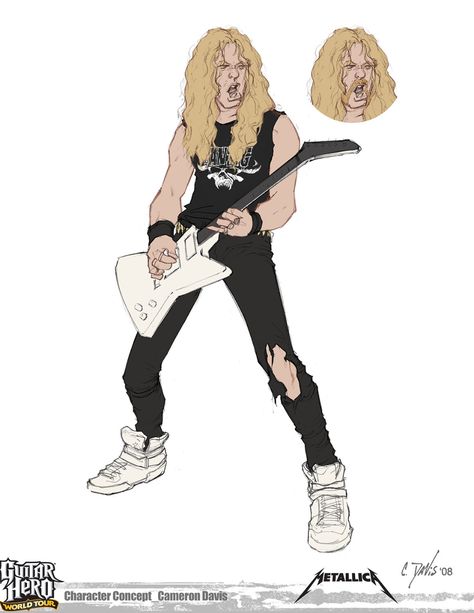 Guitar Hero Art, Rock Band Character Design, Metallica Costume, Guitar Character Design, Guitar Hero Characters, James Hetfield Fanart, James Hetfield Drawing, 80s Character Design, Guitarist Drawing