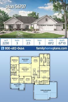 This is a new house plan by one of our most popular home designers. With 2230 sq ft of heated living space this one-story Texas ranch will likely join the ranks of most popular floor plans. A split bedroom layout offers privacy for the master suite. An office at the front of the house, walk-in pantry, informal dining and a large great room complete the first floor. The generous three car garage and covered porches are worth a look. Ranch 3 Bedroom House Plans, One Story Open Floor Plan Farmhouse, 4 Bedroom House Plans Open Floor Ranch 3 Car Garage, Split Ranch Floor Plans, Ranch Home Plans 2000 Sq Ft, 3 Bedroom 3 Bathroom House Plans, Single Story House Floor Plans 3 Bedroom With Garage, House Plans With Large Pantry, 1900 Sq Ft House Plans Open Floor