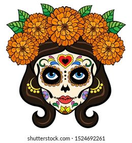 Catrina Face: imágenes, fotos de stock y vectores | Shutterstock Sugar Skull Wreath, Mexican Folk Art Painting, Sugar Skull Painting, Mexican Art Tattoos, Skull Wreath, Mexican Sugar Skull, Skull Art Drawing, Sugar Skull Design, Day Of The Dead Skull