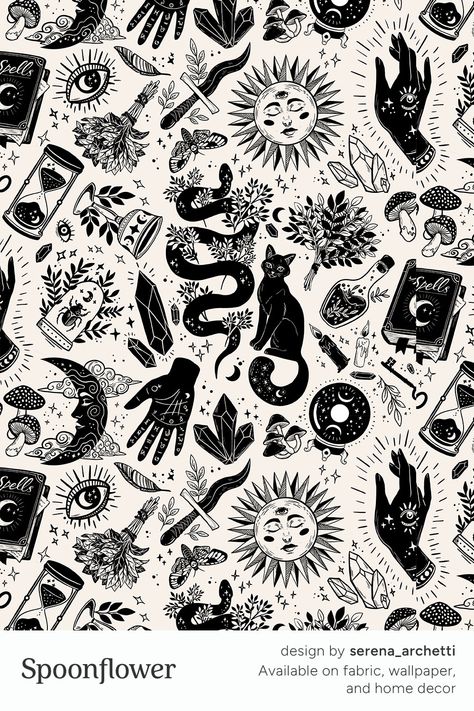 Customize your own wallpaper, fabric and home decor with Spoonflower. Add color to your world when you choose from thousands of designs, created by independent artists around the world and printed just for you. #Spoonflower Black And White Witchy Tattoos, Black And White Witchy Wallpaper, Black And White Gothic Wallpaper, Witch Pattern Wallpaper, Witchy Collage Wallpaper, Hand Painted Wine Glasses Diy, Diy Wine Glasses Painted, Esoteric Symbols, Diy Wine Glasses