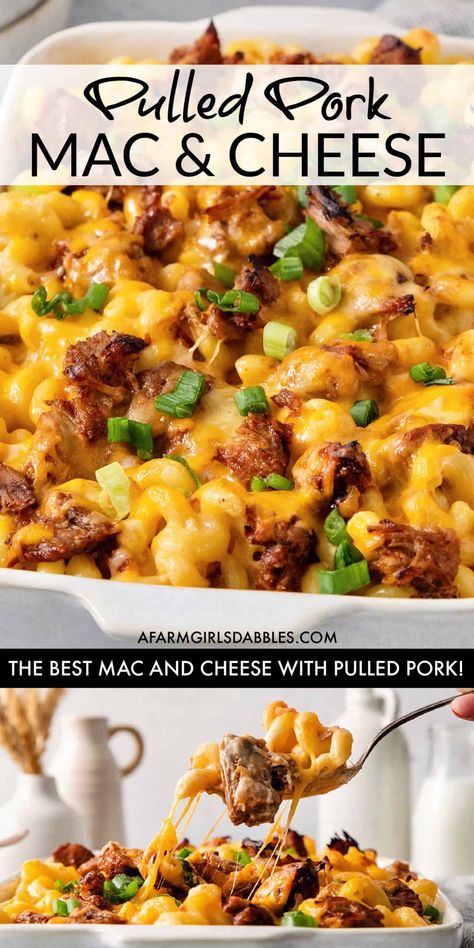 This easy Pulled Pork Mac and Cheese recipe is flavorful and decadent, with curly pasta, three kinds of cheese, and tender shredded pork in a homemade BBQ sauce. It's a fun macaroni dish - melty, gooey comfort food at its best! Mac N Cheese With Pulled Pork, Piggy Mac And Cheese, Macaroni And Cheese Meals Dinners, Leftover Pulled Pork Mac And Cheese, Dinner Recipes With Pulled Pork, Shredded Pork Mac And Cheese, Pulled Pork And Pasta Recipes, Pulled Pork Dinner Recipes, Pulled Pork And Potatoes Recipes