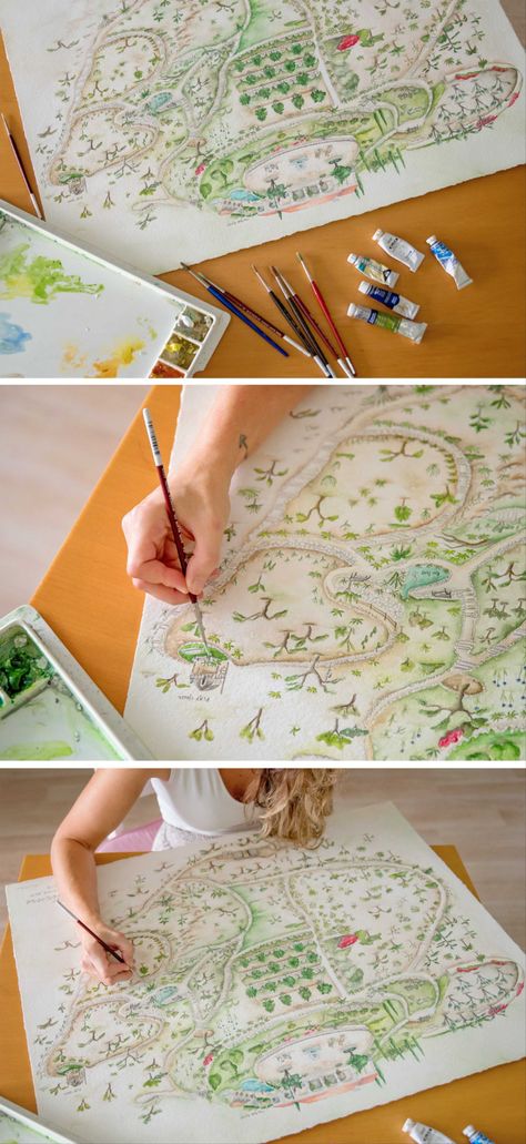 Heirloom property maps are one of my favorite projects to work on! I mean, it doesn’t get better than creating something a family will cherish for generations to come! Whimsical Map, Fantasy Fairies, Watercolour Ideas, Art Journal Prompts, Whimsical Watercolor, Water Drawing, Garden Watercolor, Natural Playground, Watercolor Map