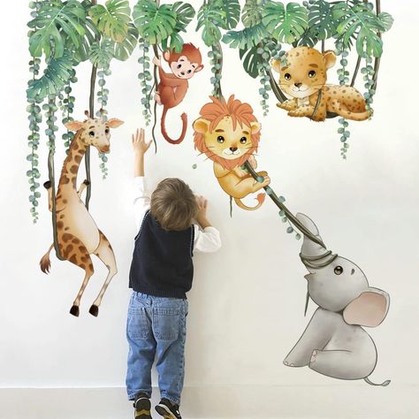 PRICES MAY VARY. Cute jungle animal style wall decor! Elements include tropical leaves, vines, giraffe, monkey, lion, leopard, elephant and more, so add some animal friends to your room! Material: Vinyl. Non-toxic, environmental protection, waterproof. Easy to apply, remove and reuse without leaving damage or residue. Very easy to assemble and great focal point in your kids room, nursery, playroom, classroom, baby girls and boys room. It can be stuck to walls, furniture, tiles, mirrors and windo Safari Nursery Wall Stickers, Zoo Bedroom Kids, Toddler Room Wall Paint, Safari Themed Nursery Boys, Jungle Theme Nursery For Boys, Africa Nursery, Jungle Theme Baby Room, Zoo Themed Nursery, Zoo Room