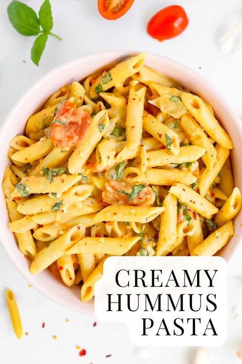 This creamy hummus pasta is the perfect easy dinner recipe to make as a weeknight dinner or meal. It's vegan and plant-based and full of amazing flavor. 4 Ingredient Creamy Hummus Pasta, Creamy Hummus Pasta, Hummus Pasta Recipe, Hummus Meal Ideas, Hummus Noodles, Plant Based Pasta Recipes, Vegan Hummus Pasta, Pasta With Salmon, Hummus Sauce