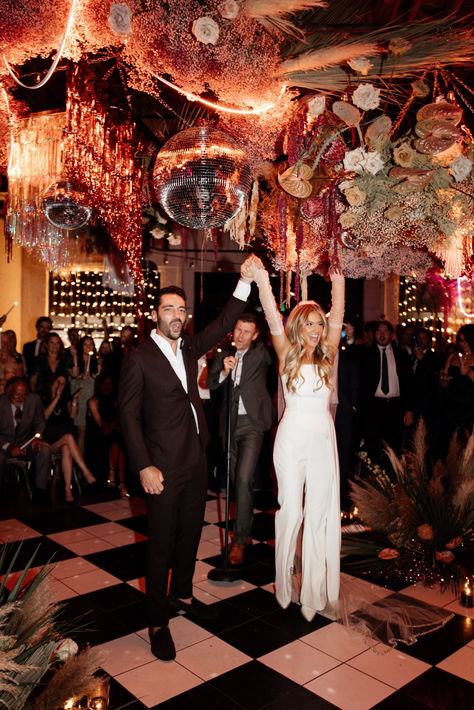 Retro Inspired Maximalist Wedding Ceremony #retromaximalist #maximalistwedding #discowedding #neonwedding #retrowedding Maxamilist Wedding, Cool Wedding Themes, Retro Eclectic Wedding, Retro Wedding Ceremony, Retro Wedding Reception, Wedding Theme Ideas Unique, Retro Wedding Aesthetic, Vibey Wedding, Retro Wedding Ideas