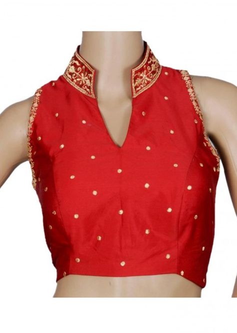 Red blouse with embroidery Stand Collar Blouse Indian, Collar Blouse Pattern, Red Saree Blouse, Silk Kurti Designs, Stand Collar Blouse, Blouse Designs High Neck, Cotton Blouse Design, Blouse Indian, New Saree Blouse Designs