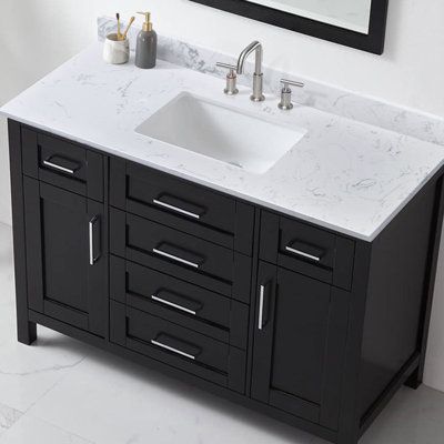 Attached stylish rectangular white under-mount bowl with a safety overflow hole. 3.94 in. high backsplash included helping protect walls from water damage. | PROOX 60" Single Bathroom Vanity Top in White w / Sink Stone in Gray / White | 12.32 H x 60 W x 21.84 D in | Wayfair PR2260RXSWH.S White Bathroom Black Vanity, Black And White Vanity Bathroom, White Bathroom With Black Vanity, Black And Gray Bathroom Ideas, 60 Inch Vanity One Sink, Black And White Bathroom Vanity, Black Bathroom Vanity Ideas, Bathroom Vanity Ideas One Sink, Black And White Master Bath