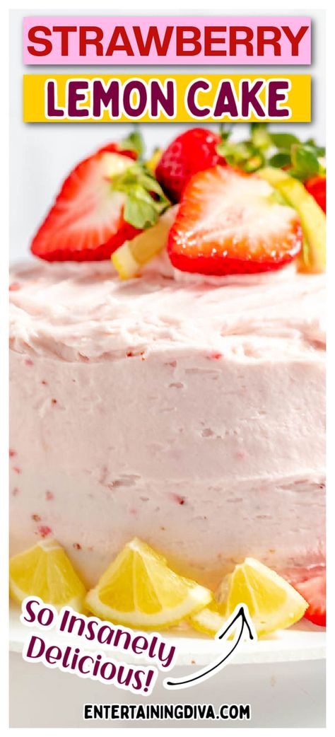 Strawberry Lemon Cake Strawberry Lemon Wedding Cake, Strawberry Lemon Cake Mix Recipes, Lemon Strawberry Cake Recipe, Lemon Cake With Strawberries, Lemon Cake With Strawberry Filling, Strawberry Lemonade Cake Recipe, Lemon Strawberry Cake, Cake With Strawberry Frosting, Homemade Lemon Cake