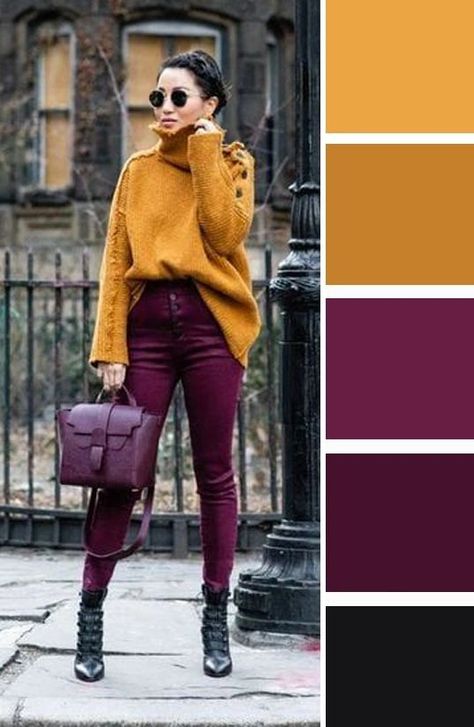 Warm Fall Color Palette Outfits, Winter Color Combos, Complementary Colors Fashion, Mustard Turtleneck, Autumn Color Palette Fashion, Mode Ab 50, Theatrical Romantic, Burgundy Outfit, Colour Combinations Fashion