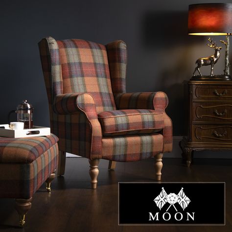 With three gorgeous wood finishes, two different leg heights and three different sizes available; the Glenmore Fireside Chair offers diverse options and incredible comfort, not forgetting stylish good looks.  The elegant wings and padded arms ensure the highest levels of comfort whilst providing a contemporary feel. Pine Sunroom, Tartan Chair, Strandmon Chair, Cottage Lounge, Den Furniture, Comfort Chair, Reading Chairs, Antique Oak Furniture, English Cottage Decor