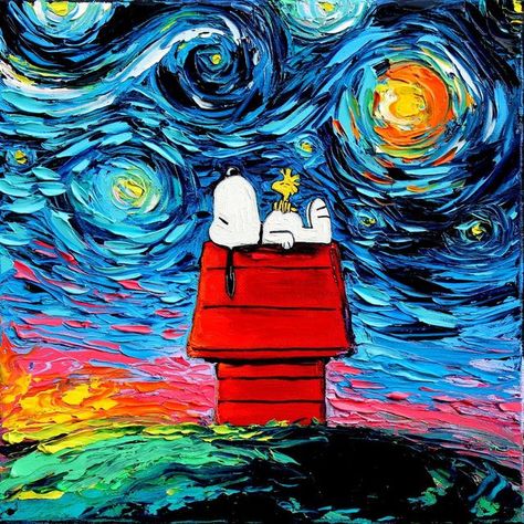 Snoopy Sleeps Under A Starry Night ~ Van Gogh's Most Famous Paintings Meet Pop Culture Icons فنسنت فان جوخ, Illusions Art, Most Famous Paintings, Snoopy Images, Peanuts Cartoon, Snoopy Pictures, Art Parody, Snoopy Love, Art Pop