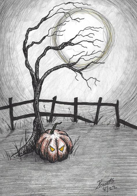 #halloween #holiday #pumpkin #tree #moon #creepy #spooky #pen #ink #fence #landscape Creepy Vines Drawing, Spooky Season Sketches, Halloween Drawing Background, Spooky Pencil Drawings, Spooky Scenery Drawing, Spooky Clouds Drawing, Spooky Fence Drawing, Charcoal Halloween Art, Scary Path Drawing