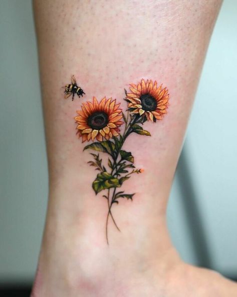 Bee Tattoo Vintage, Witchy Sunflower Tattoo, Wild Sunflower Tattoo, Cross With Sunflower Tattoo, Bee And Sunflower Tattoo, Sunflower Tattoo Men, Sunflower Tattoo Behind Ear, Minimalistic Sunflower Tattoo, Rose And Sunflower Tattoo