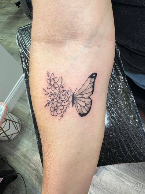 September Birth Flower Tattoo With Butterfly, Butterfly Tattoo With Carnations, October Flower With Butterfly Tattoo, June Butterfly Tattoo, December Birth Flower Butterfly Tattoo, Chrysanthemum Tattoo With Butterfly, Flower Mom And Daughter Tattoos, Birth Flower Bouquet Tattoo With Butterfly, Butterfly Carnation Tattoo