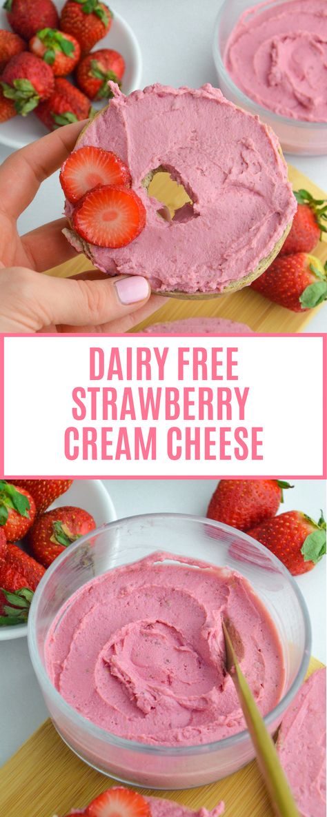 Dairy Free Bagel Toppings, Homemade Dairy Free Cream Cheese, Vegan Strawberry Cream Cheese, Homemade Strawberry Cream Cheese, Dairy Free Dip Recipes, Non Dairy Cream Cheese, Vegan Cream Cheese Recipe, Protein Breakfasts, Dairy Free Dips